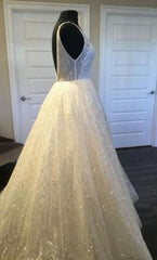 Ivory Sparkly V-neck Sleeveless Backless Floor-length Party Dress Prom Dresses