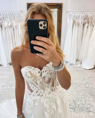Ivory Strapless Lace Applique Wedding Dresses Floral Country Bridal Gown AW1019