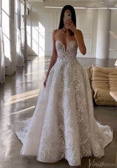 Ivory Strapless Lace Applique Wedding Dresses Sweetheart Outdoor Bridal Gown AW1033