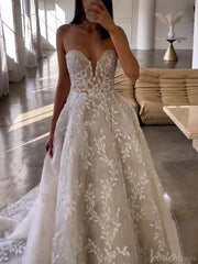 Ivory Strapless Lace Applique Wedding Dresses Sweetheart Outdoor Bridal Gown AW1033