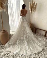 Ivory Strapless Lace Applique Wedding Dresses Sweetheart Outdoor Bridal Gown AW1033