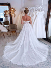 Ivory Strapless Lace Applique Wedding Dresses with Slit Removable Sleeve Bridal Gown AW1007
