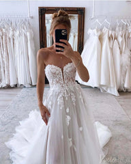 Ivory Strapless Lace Applique Wedding Dresses with Slit Removable Sleeve Bridal Gown AW1007