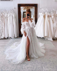 Ivory Strapless Lace Applique Wedding Dresses with Slit Removable Sleeve Bridal Gown AW1007