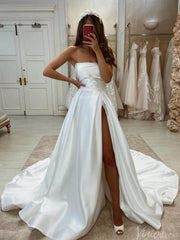 Ivory Strapless Satin Wedding Dresses with Slit A-Line Outdoor Bridal Gown VW2176