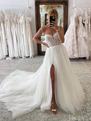 Ivory Strapless Sweetheart Wedding Dresses with Slit Removable Sleeve Bridal Gown AW1002