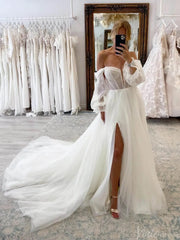 Ivory Strapless Sweetheart Wedding Dresses with Slit Removable Sleeve Bridal Gown AW1002