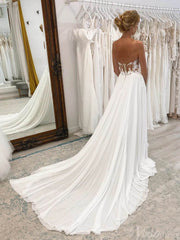 Ivory Sweetheart Lace Applique Wedding Dresses with Slit Strapless Chiffon Bridal Gown AW1017