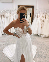 Ivory Sweetheart Lace Applique Wedding Dresses with Slit Strapless Chiffon Bridal Gown AW1017