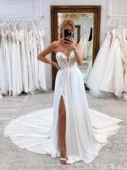 Ivory Sweetheart Lace Applique Wedding Dresses with Slit Strapless Chiffon Bridal Gown AW1017