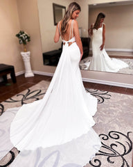 Ivory Sweetheart Mermaid Wedding Dresses with Chiffon Train Spaghetti Strap Bridal Gown VW2221