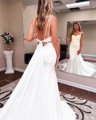 Ivory Sweetheart Mermaid Wedding Dresses with Chiffon Train Spaghetti Strap Bridal Gown VW2221