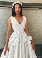 Ivory V-Neck Bow-Tie Wedding Dresses Satin Pearl Minimalist Bridal Gown VW2168