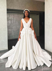 Ivory V-Neck Bow-Tie Wedding Dresses Satin Pearl Minimalist Bridal Gown VW2168