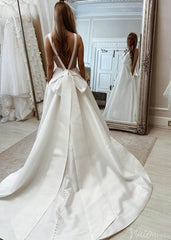 Ivory V-Neck Bow-Tie Wedding Dresses Satin Wide Strap Outdoor Bridal Gown VW2169