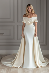 White Vintage Wedding Dress With Train Satin Off The Shoulder Wedding Dress Pleated Mermaid Bridal Gowns