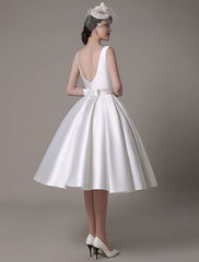 Knee Length Ivory Wedding Dress Vintage Scoop Neck Backless Satin Dress