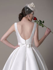 Knee Length Ivory Wedding Dress Vintage Scoop Neck Backless Satin Dress