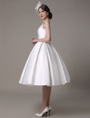 Knee Length Ivory Wedding Dress Vintage Scoop Neck Backless Satin Dress