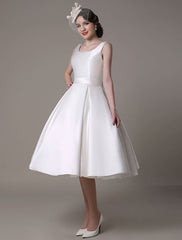 Knee Length Ivory Wedding Dress Vintage Scoop Neck Backless Satin Dress