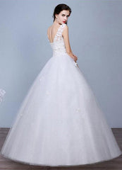 Ivory Wedding Dress Sleeveless Semi-Sheer Jewel Neckline Lace A-Line Floor Length Bridal Gown