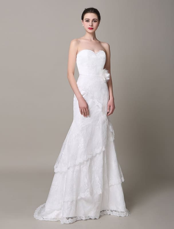 Ivory Wedding Dress Strapless Tiered Flowers Lace Wedding Gown