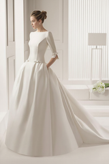 3/4 Length Sleeves Bateau Wedding Dresses A-Line Chapel Train Bows Satin Bridal Dresses White