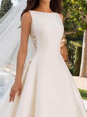 Ivory Wedding Dresses A Line With Chapel Train Sleeveless Lace High Collar Bridal Gowns