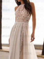 Ivory Wedding Dresses A Line With Court Train Sleeveless Applique Bridal Gowns
