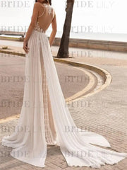 Ivory Wedding Dresses A Line With Court Train Sleeveless Applique Bridal Gowns