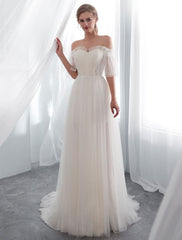 Ivory Wedding Dresses Off Shoulder Half Sleeve Tulle Beach Bridal Dress With Train