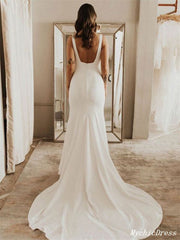 Long Simple Square Satin Ivory Wedding Dresses UK Mermaid