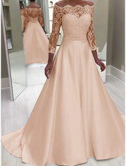Engagement Formal Wedding Dresses Ball Gown Off Shoulder Long Sleeve Court Train Satin Bridal Gowns With Beading Appliques