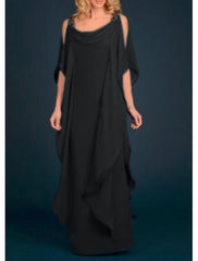 Sheath / Column Mother of the Bride Dress Wedding Guest Elegant Plus Size Scoop Neck Floor Length Chiffon Half Sleeve with Appliques