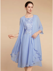 Aimishang  Two Piece Sheath / Column Mother of the Bride Dress Wedding Guest Elegant Petite Scoop Neck Knee Length Chiffon Lace Half Sleeve with Ruching Solid Color
