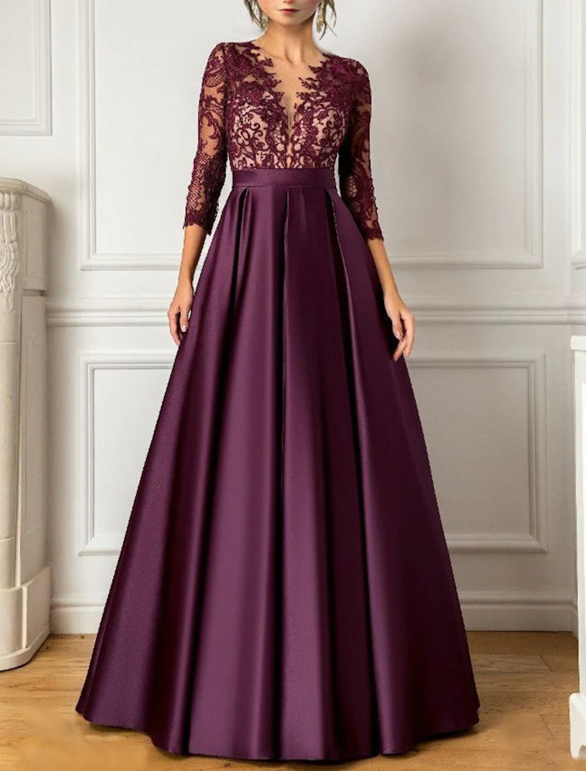 Wholesale A-Line Evening Gown Elegant Dress Formal Wedding Guest Floor Length 3/4 Length Sleeve V Neck Satin with Pleats Sequin