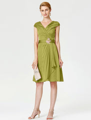 Aimishang A-Line Mother of the Bride Dress Elegant V Neck Knee Length Satin Chiffon Short Sleeve No with Sash / Ribbon Pleats Beading