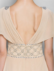 A-Line Mother of the Bride Dress Beautiful Back V Neck Floor Length Chiffon Short Sleeve No with Criss Cross Beading