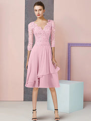 A-Line Mother of the Bride Dress Formal Wedding Guest Vintage Elegant V Neck Knee Length Chiffon Lace Half Sleeve with Pleats Sequin