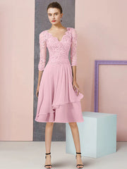 A-Line Mother of the Bride Dress Formal Wedding Guest Vintage Elegant V Neck Knee Length Chiffon Lace Half Sleeve with Pleats Sequin Appliques
