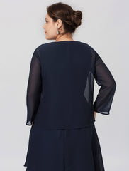Aimishang  Sheath / Column Mother of the Bride Dress Formal Classic & Timeless Elegant & Luxurious Plus Size Jewel Neck Tea Length Chiffon 3/4 Length Sleeve yes with Pleats Tiered