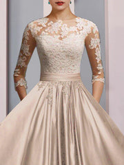 DingjiA-Line Mother of the Bride Dress Formal Wedding Guest Party Elegant Scoop Neck Ankle Length Satin Lace 3/4 Length Sleeve with Pleats Appliques