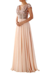 Short Sleeves V Neck Sequin Chiffon Bridesmaid Dress