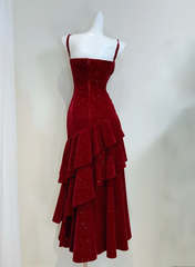 Burgundy Long Prom Dress Ruffle Velvet Wedding Guest Dresses