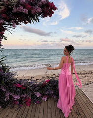 Flowy Pink A Line Long Prom Dress Split Evening Outfit