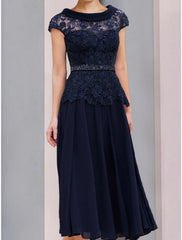 Aimishang  A-Line Mother of the Bride Dress Wedding Guest Elegant Scoop Neck Tea Length Chiffon Lace Short Sleeve with Sequin Ruching Solid Color