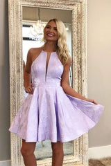 Jacquard Floral Pocketed Halter Short Prom Dress