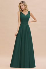 Modest Floral Lace A-line Bridesmaid Dress V-Neck Ruched Chiffon Wedding Guest Dress