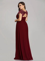 A-Line Mother of the Bride Dress Plus Size Jewel Neck Floor Length Chiffon Short Sleeve with Lace