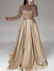 A-Line Evening Gown Sparkle Dress Wedding Black Tie Floor Length Long Sleeve Jewel Neck Satin with Sequin 2025